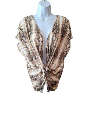 Womens Twist Front Blouse M Snake Print Short Sleeves V-Neck Mob Wife Chic